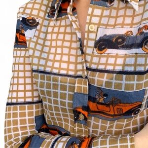 American Vintage 80s Nylon Blouse Retro Red Race Car Print Button Up Shirt M